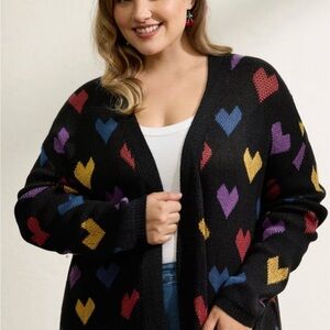 Plus Size Black Heart Print Open Cardigan Sweater